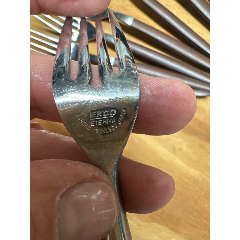 Ekco Eterna Canoe Muffin MCM Flatware Set Stainless Wood Grain Japan 22pc - Picture 3 of 3